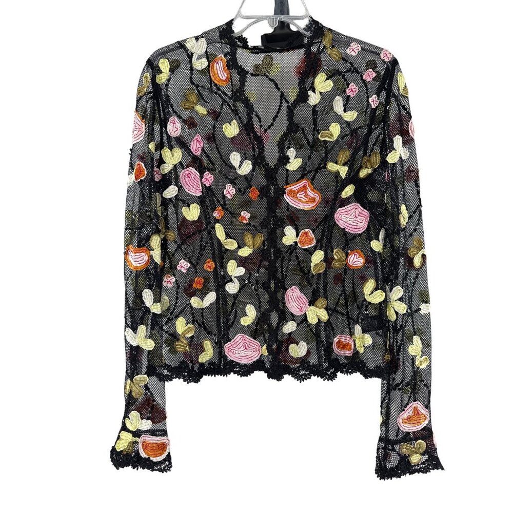 JS Boutique Floral‎ Embroidered Lace Blouse Womens Size L Black Multicolor